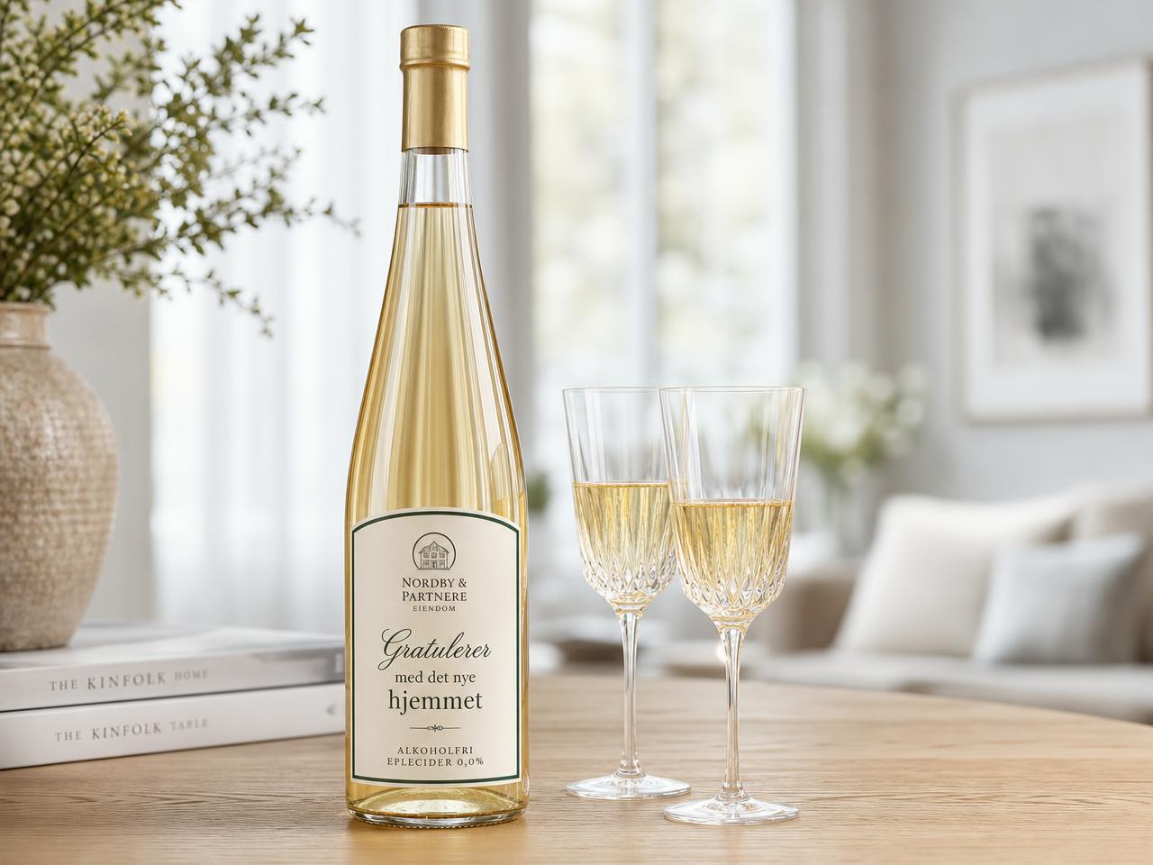 Nærbilde av alkoholfri eplecider med meglerlogo og teksten «Gratulerer med det nye hjemmet», ved siden av to delikate glass