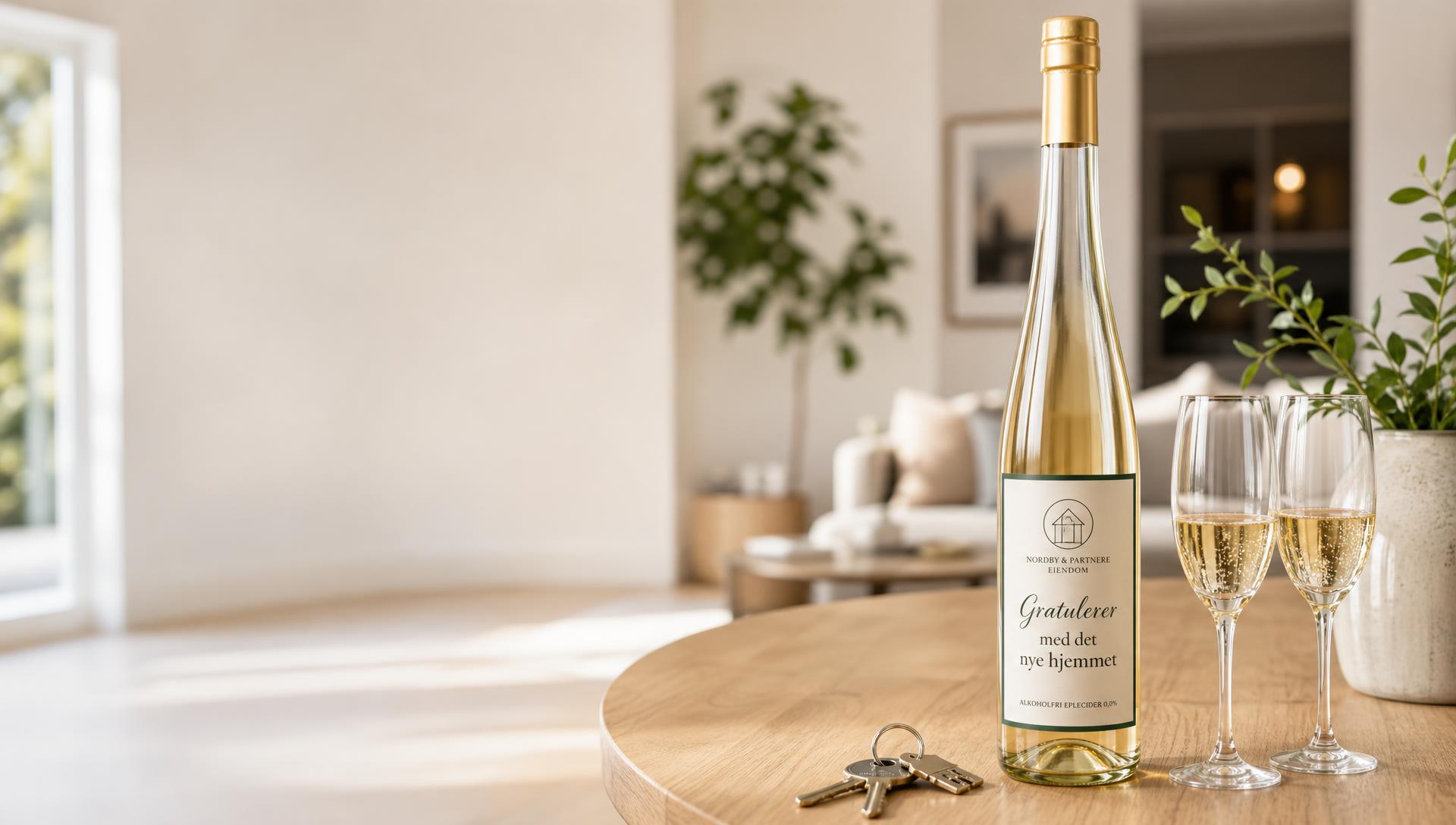 Alkoholfri eplecider med meglerens egen etikett og hilsenen «Gratulerer med det nye hjemmet», med to glass og husnøkler på bordet i en lys ny bolig
